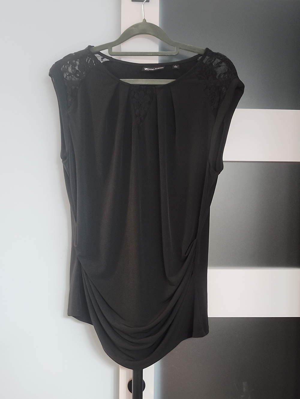 New York & Company Black Lace-Shoulder Draped Sleeveless Top